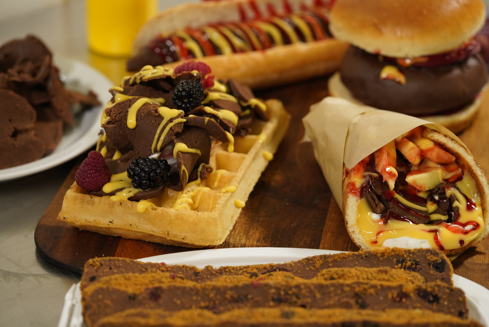 Complete My Way dessert platform on a wooden serving board